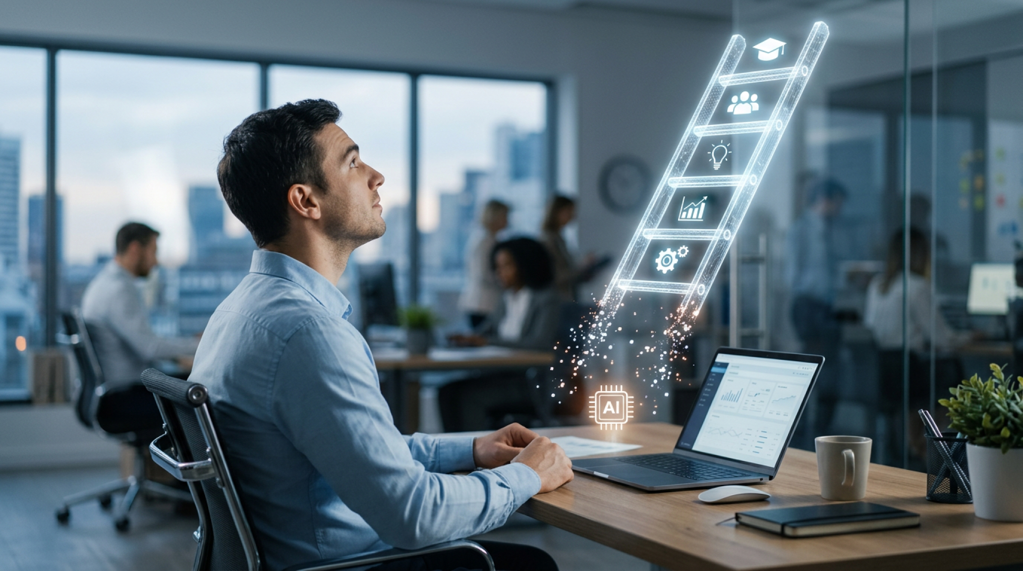 Young professional at an office desk looking up at a holographic career ladder whose bottom rungs dissolve near an AI chip