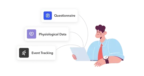 researcher with the words questionnaire, physiological data and event tracking displayed