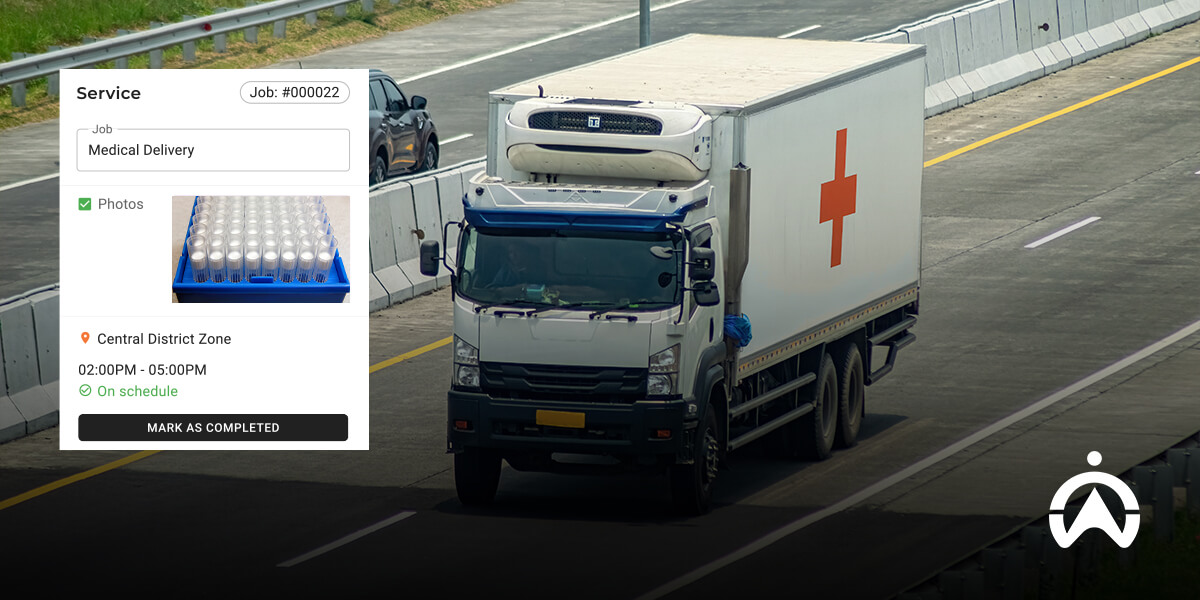 A medical delivery truck drives along a highway, accompanied by a job summary for scheduled deliveries.