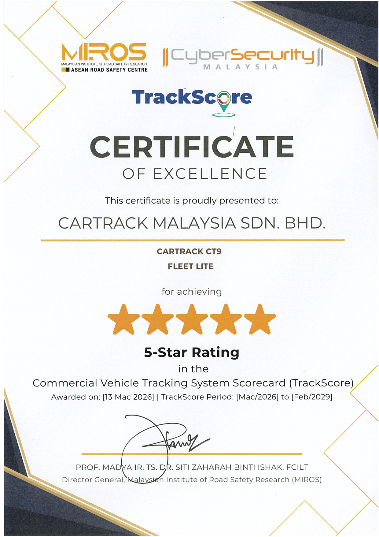 Cartrack 5-Star TrackScore rating badge awarded by MIROS for vehicle safety.