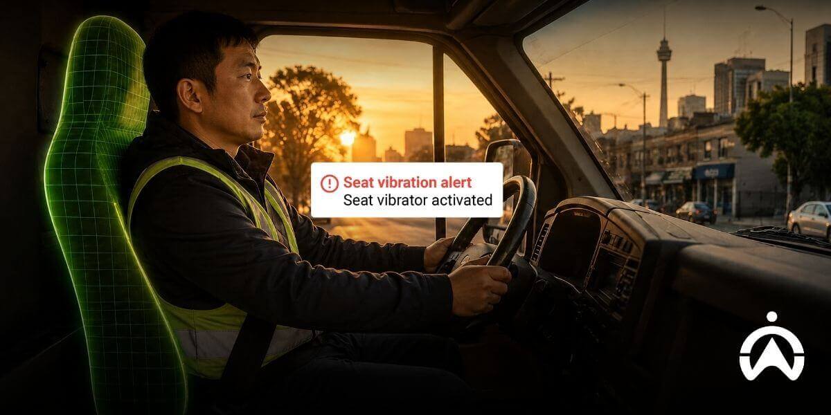 Man driving vehicle with digital overlay showing seat vibration alert for safer driver behaviour.