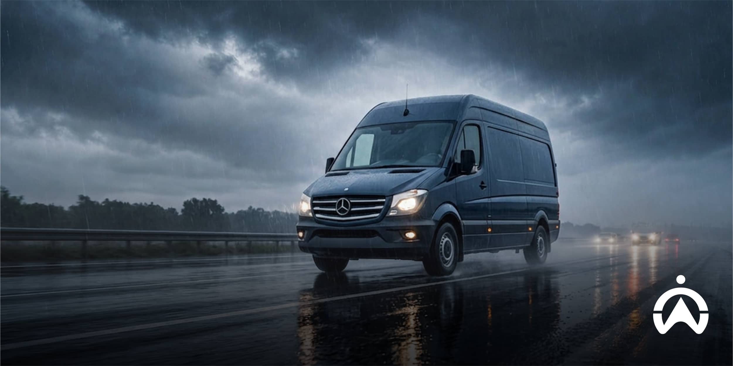 Mercedes-Benz cargo van driving through heavy rain, preventing wet weather road risks.