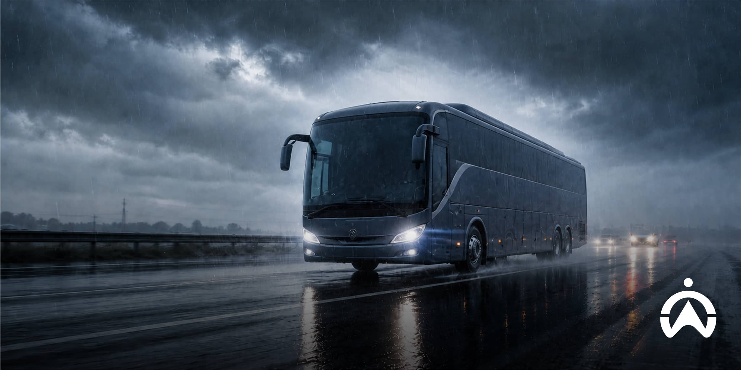 Dark blue coach bus driving through heavy rain on a wet highway, demonstrating wet weather fleet safety and road risk prevention.