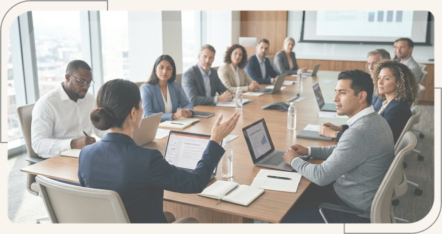 Executive leadership team discussing growth strategy in a board meeting