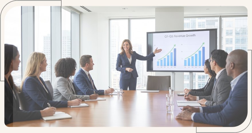 Finance team reviewing quarterly revenue growth in a planning meeting