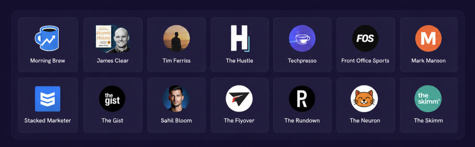 Logos of premium newsletters in the SparkLoop network including Morning Brew, James Clear, Tim Ferriss, The Hustle, The Skimm