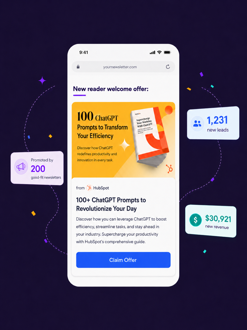 A welcome offer shown on a newsletter post-signup page, surrounded by new-lead and new-revenue stat callouts