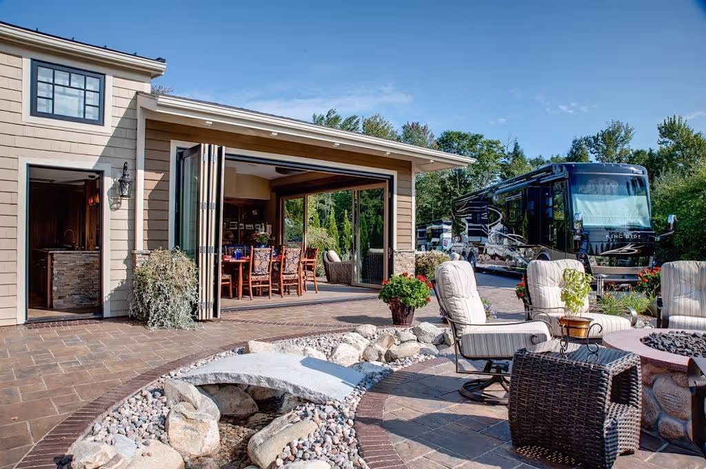 Class A Motorcoach parked in a luxury rv lot at Heartside Grove