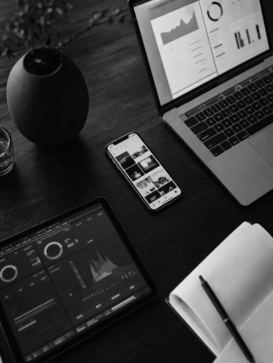 KI-Tools Marketing-Stack 2026: Marketer-Desk Overhead Flatlay mit Smartphone Laptop Tablet schwarz-weiß cinematic editorial