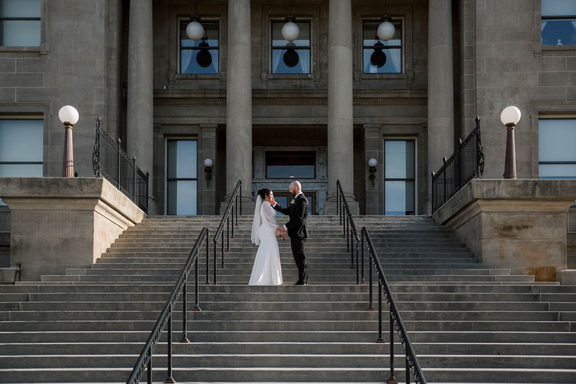 bride and groom at city elopement in Boise