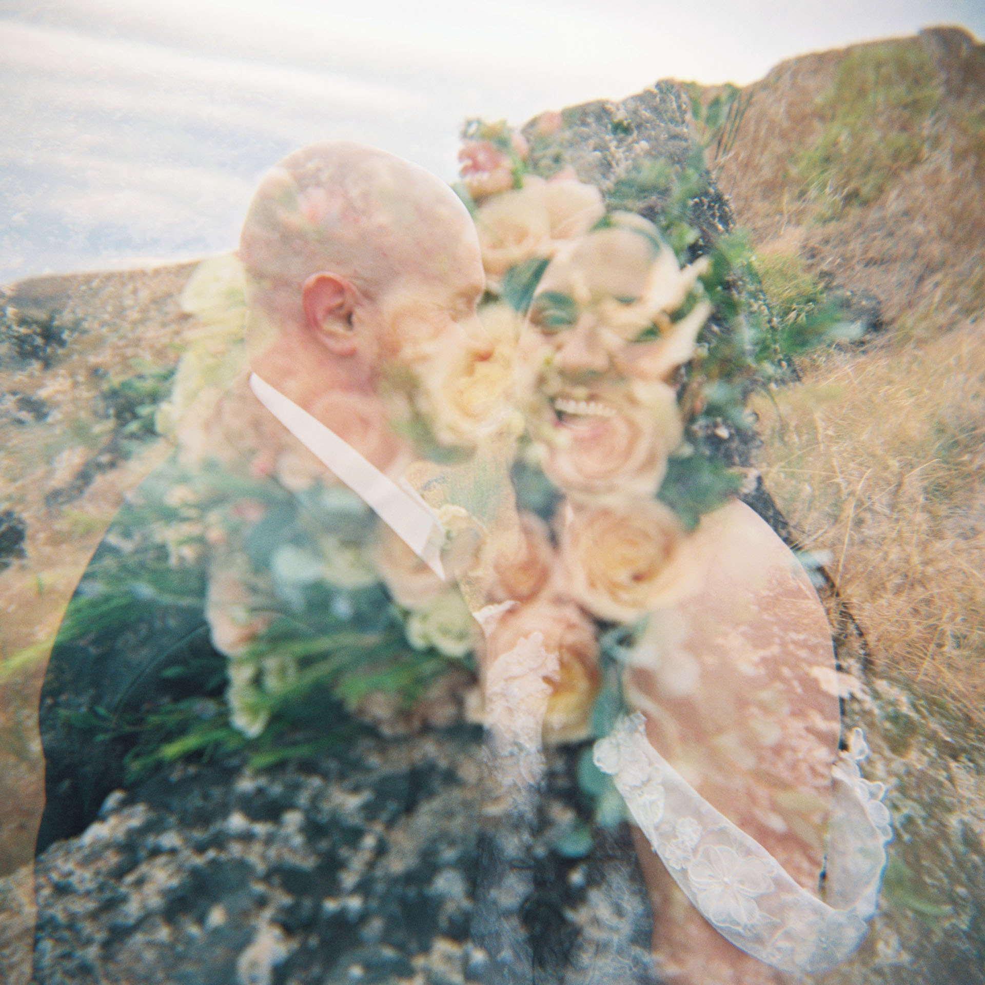 film double exposure of couple and bride's flowers