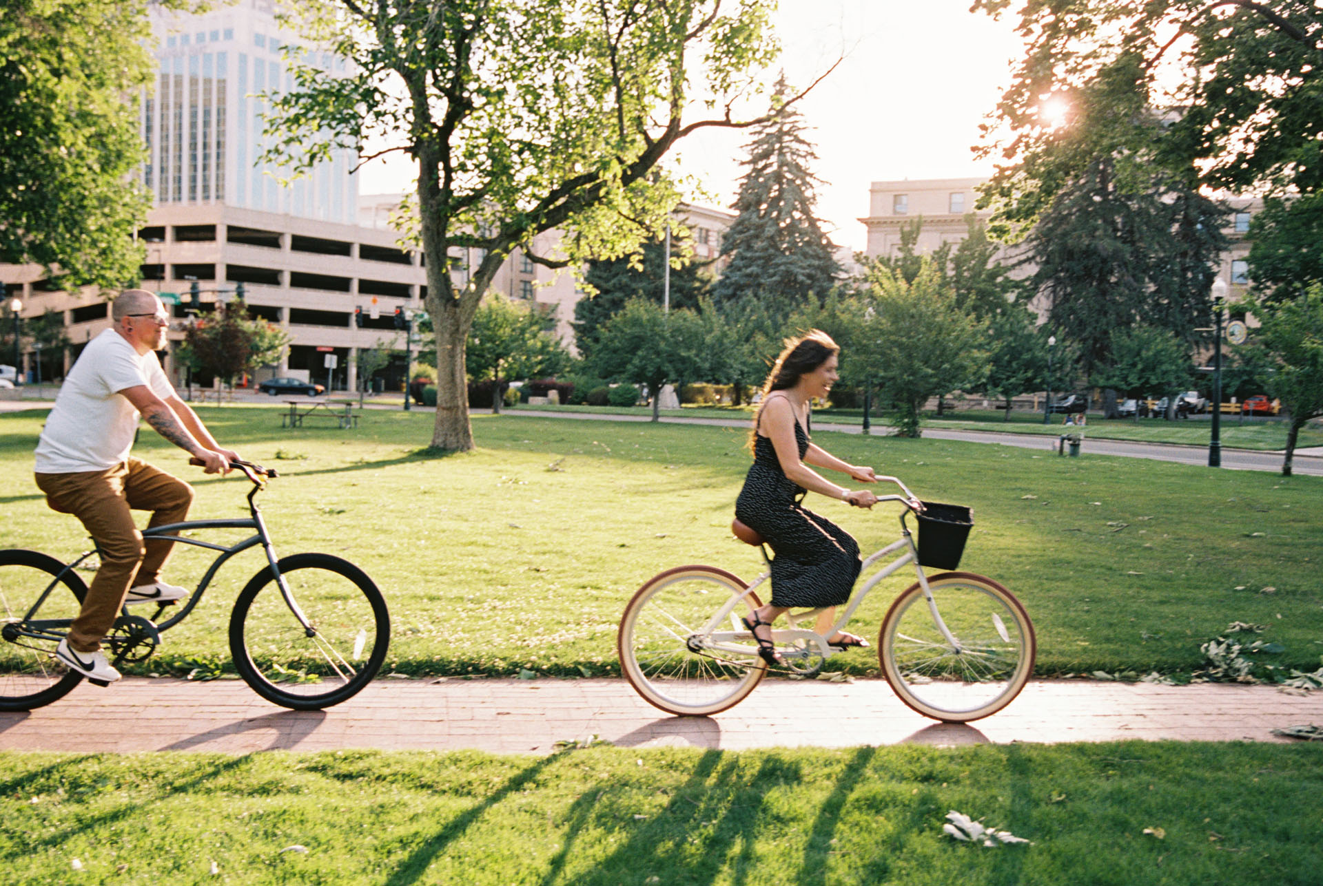 couple riding bikes downtown Boise