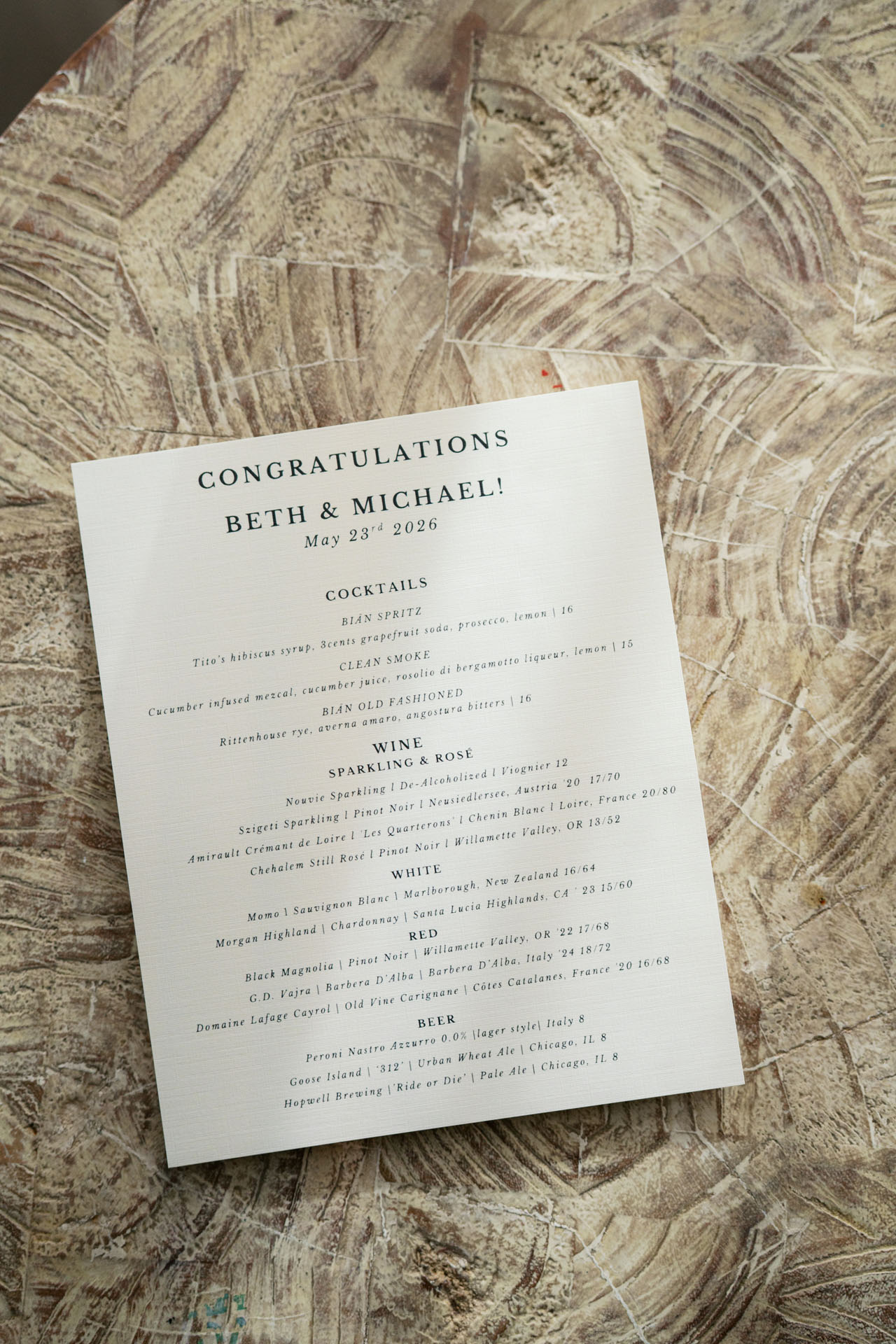 cocktail menu for welcome party