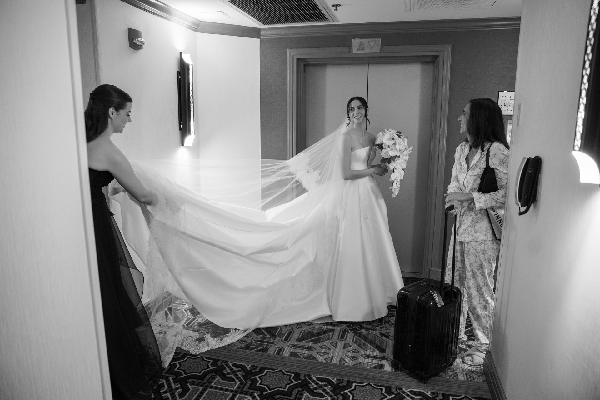 bride waiting for the elevator