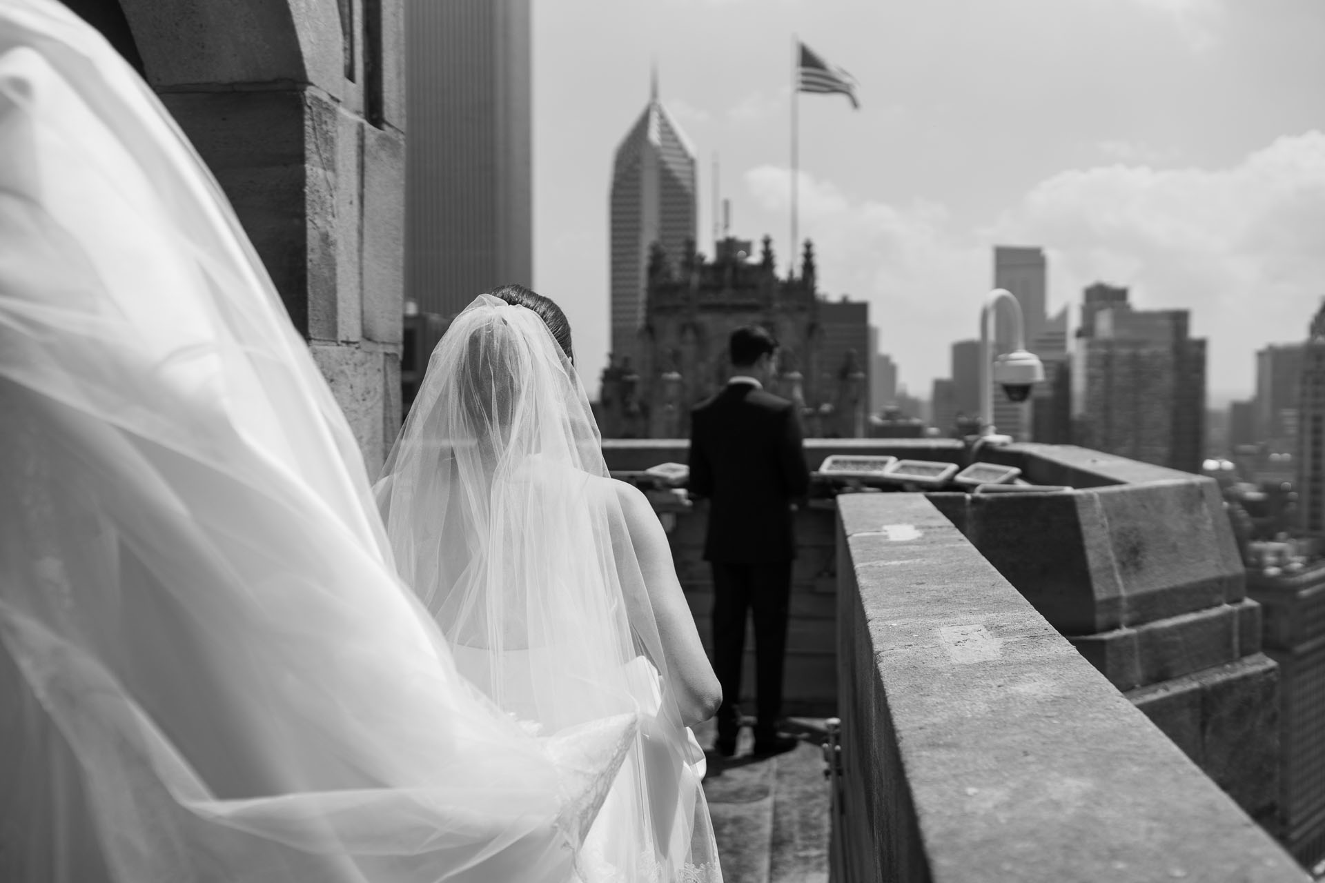 bride and groom before their first look on the rooftop at InterContinental Chicago