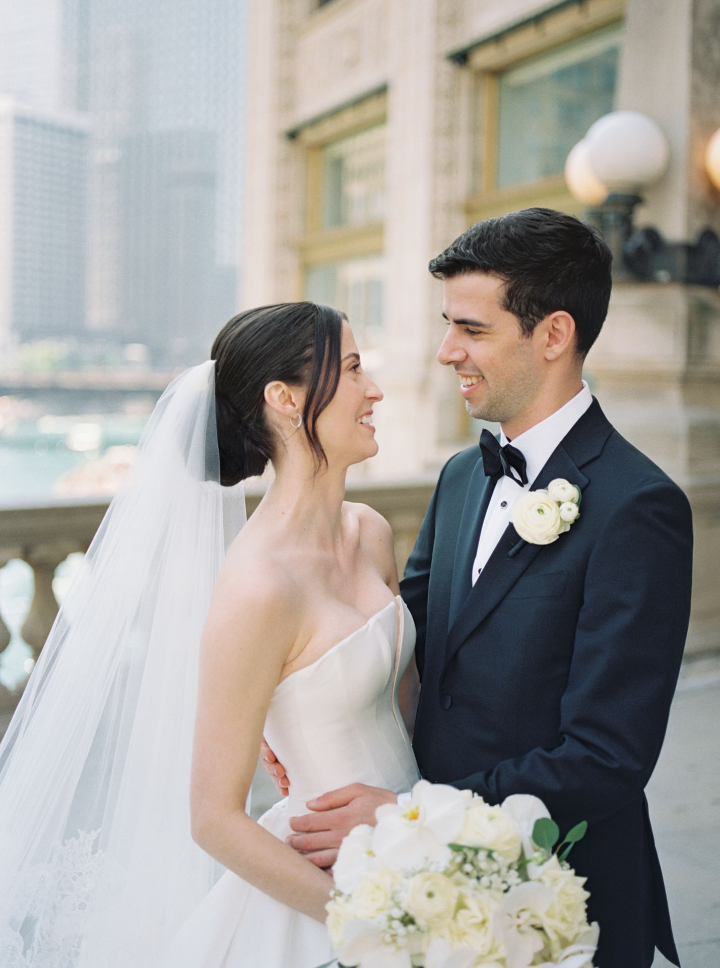 film wedding photo of bride and groom in Chicago