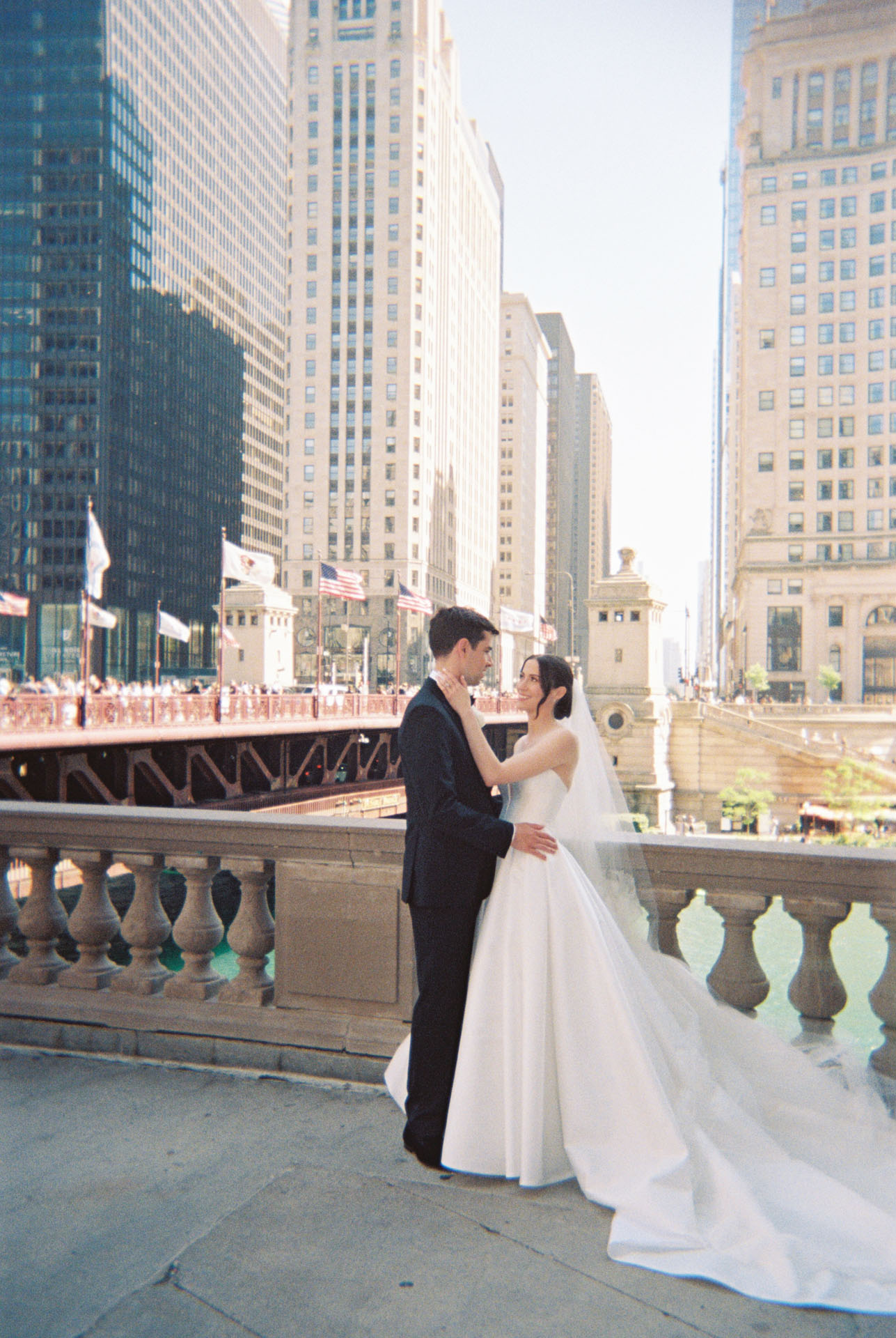 film photo of bride and groom in Chicago