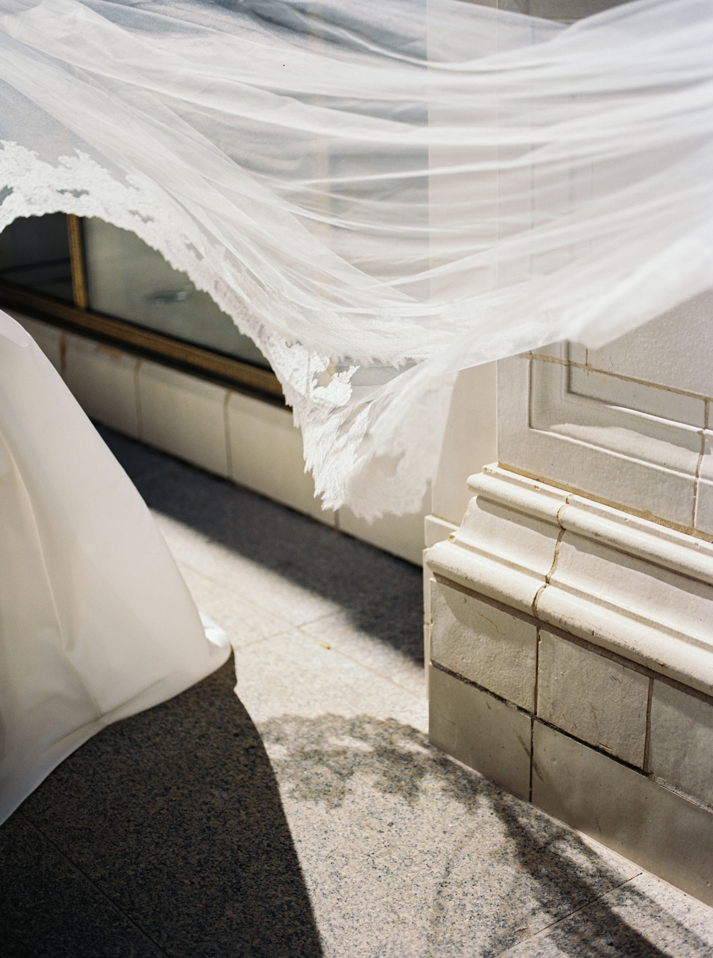 bride's veil blowing in the wind