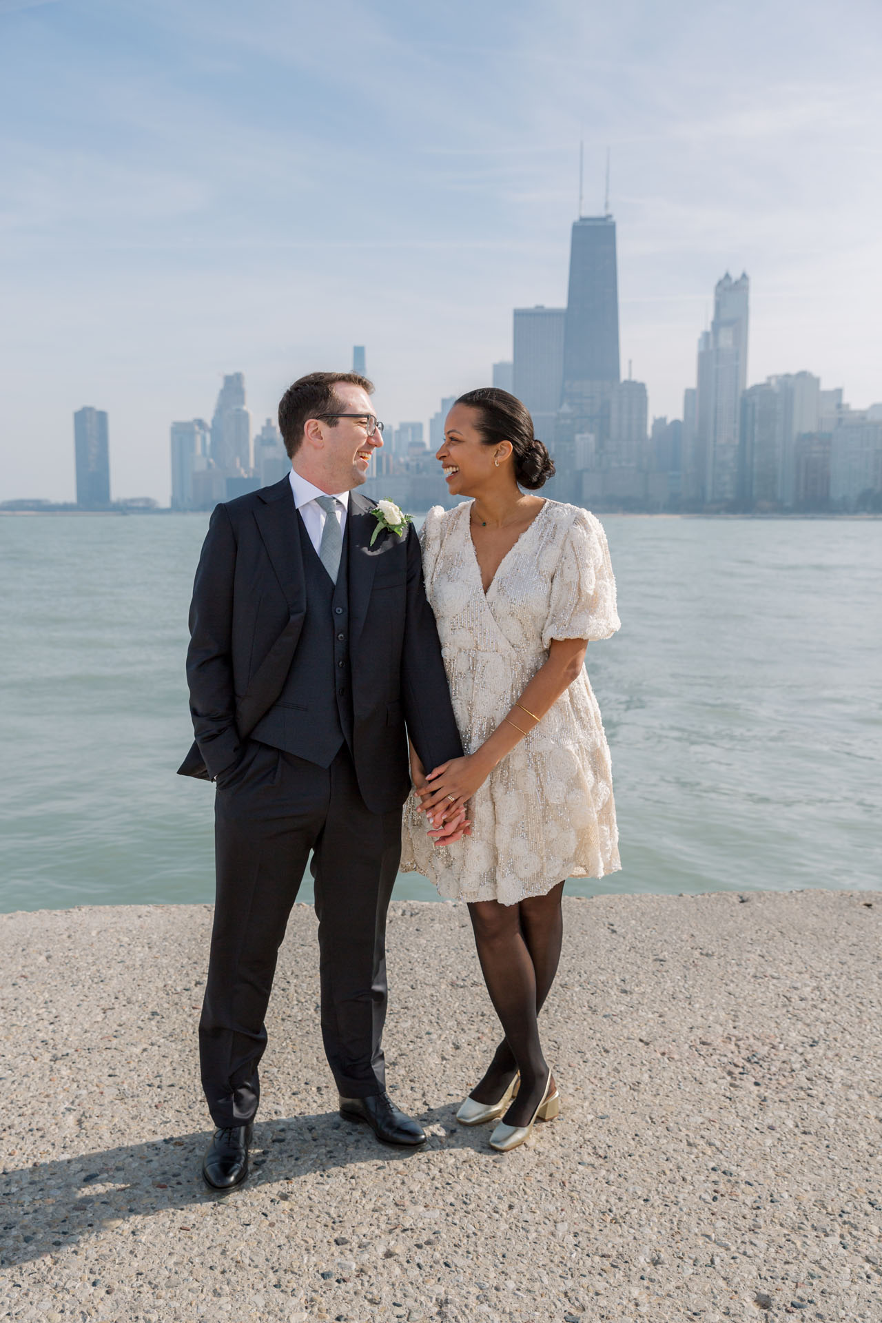 bride and groom looking at each other at North Avenue Beach