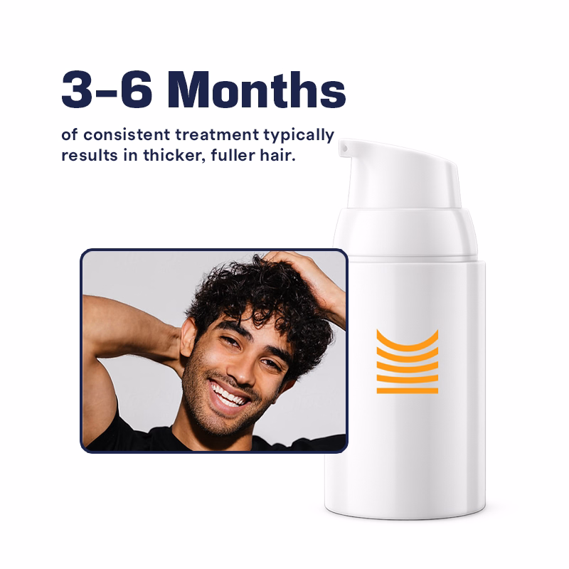 Smiling man with thick curly hair next to a white hair treatment pump bottle, with text stating 3-6 months of consistent treatment results in thicker, fuller hair.