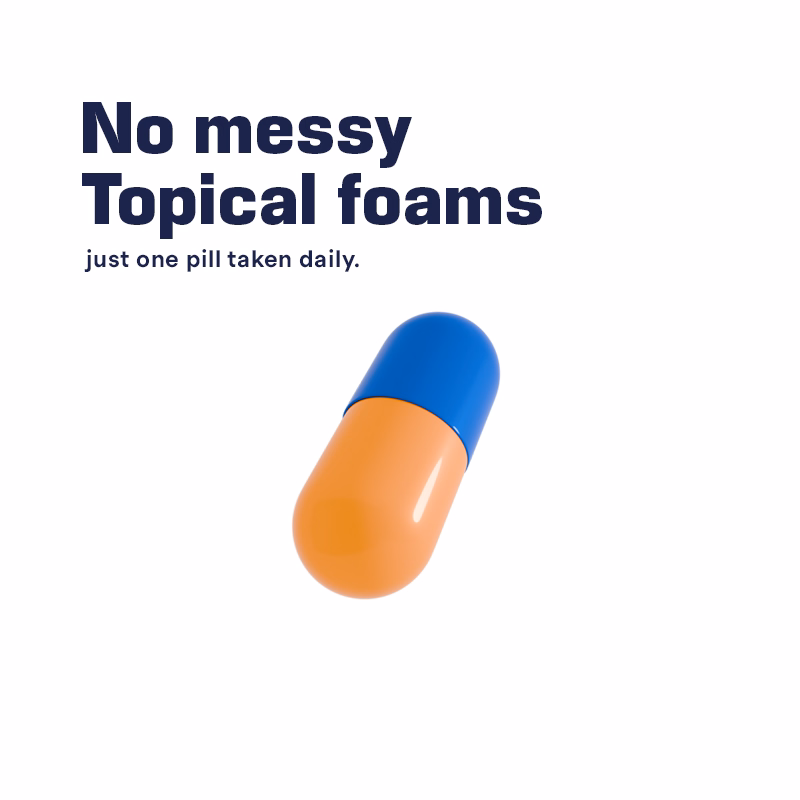 Blue and orange capsule pill with text stating 'No messy topical foams, just one pill taken daily.'