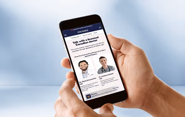 User holding phone displaying Phoenix telehealth consultation and licensed provider profiles