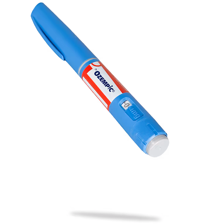 An Ozempic (semaglutide) injectable pen, a GLP-1 medication available through Phoenix Health for weight management and diabetes treatment, shown at a diagonal angle with its light blue casing and branded red-and-white label.
