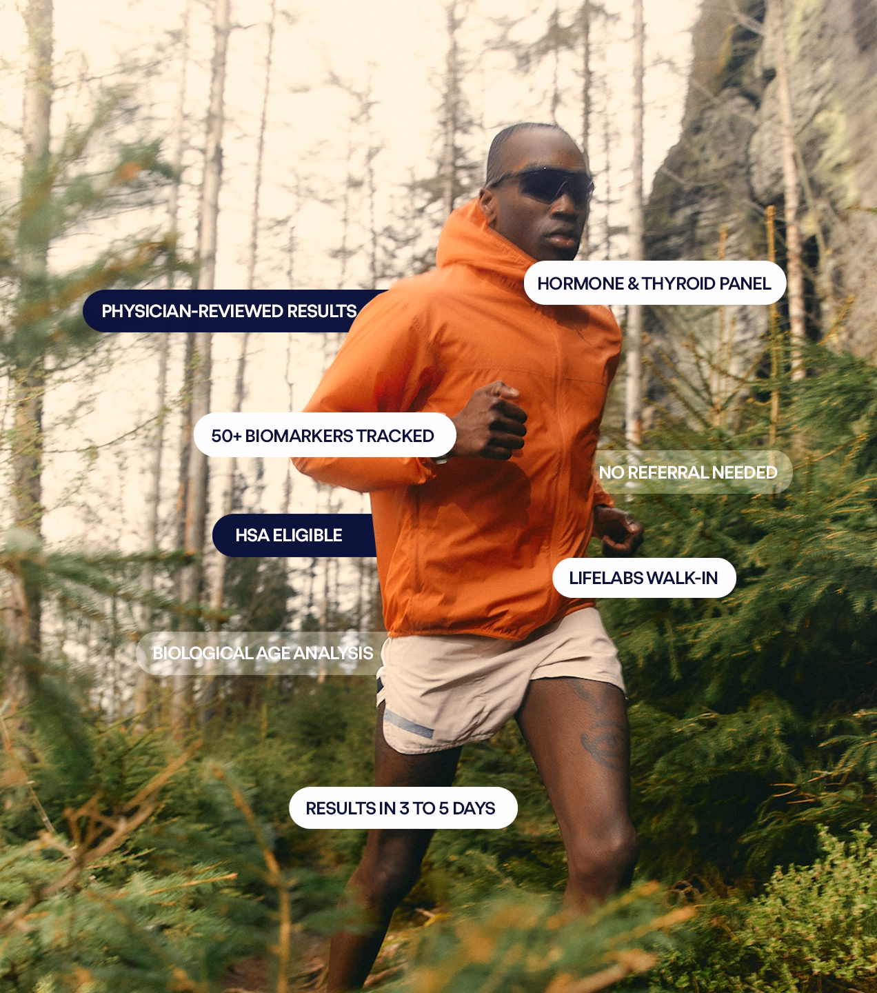 A man in an orange windbreaker running through a lush forest, surrounded by floating text badges highlighting Phoenix Labs features: Physician-Reviewed Results, Hormone & Thyroid Panel, 50+ Biomarkers Tracked, No Referral Needed, HSA Eligible, LifeLabs Walk-In, Biological Age Analysis, 10-Minute Blood Draw, and Results in 3 to 5 Days.