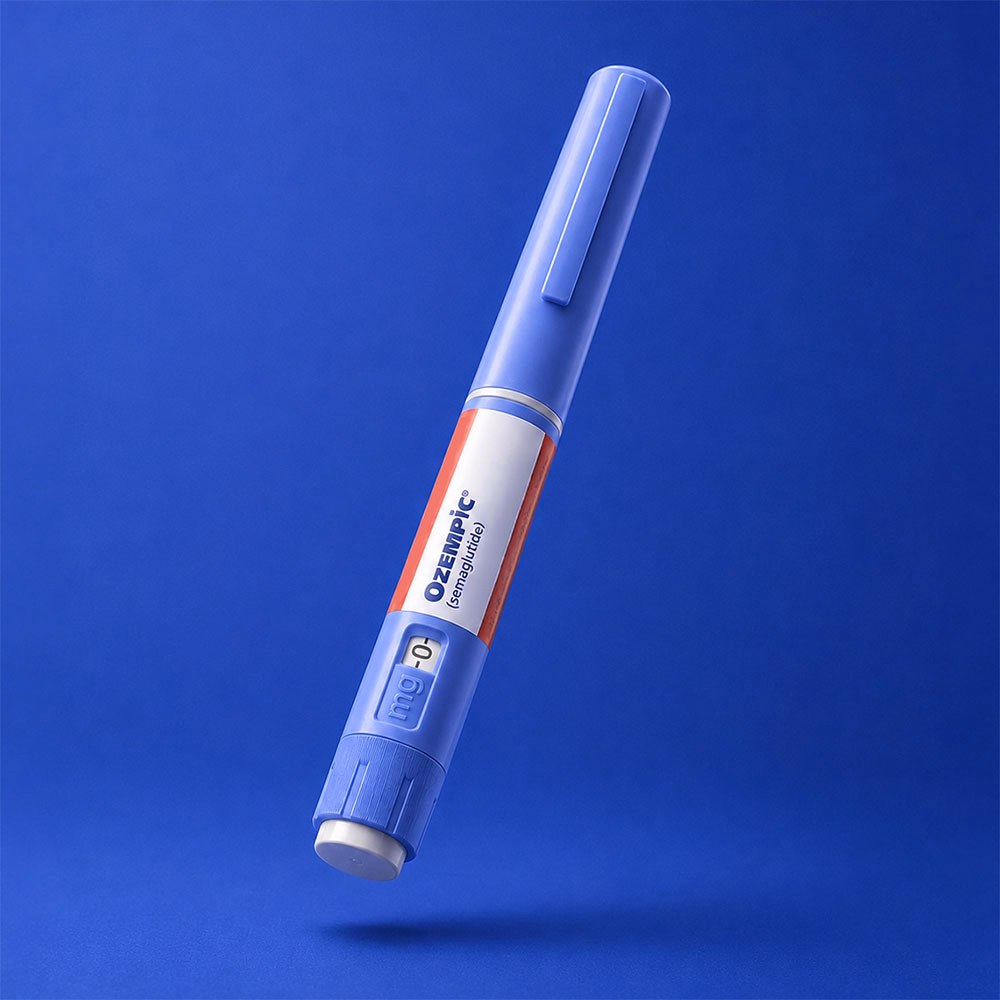 Blue and white Ozempic (semaglutide) injection pen with dosage display on blue background.