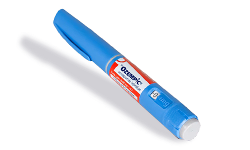 Blue Ozempic injection pen with a label and dosage window.