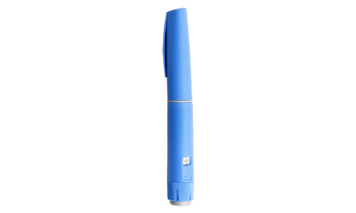 Blue medical device pen with clear cap and white logo on the bottom half.