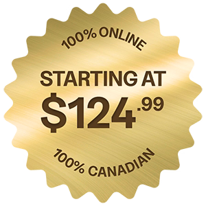 Gold badge reading ‘Starting at $124.99’ with ‘100% Online’ and ‘100% Canadian’ around it.