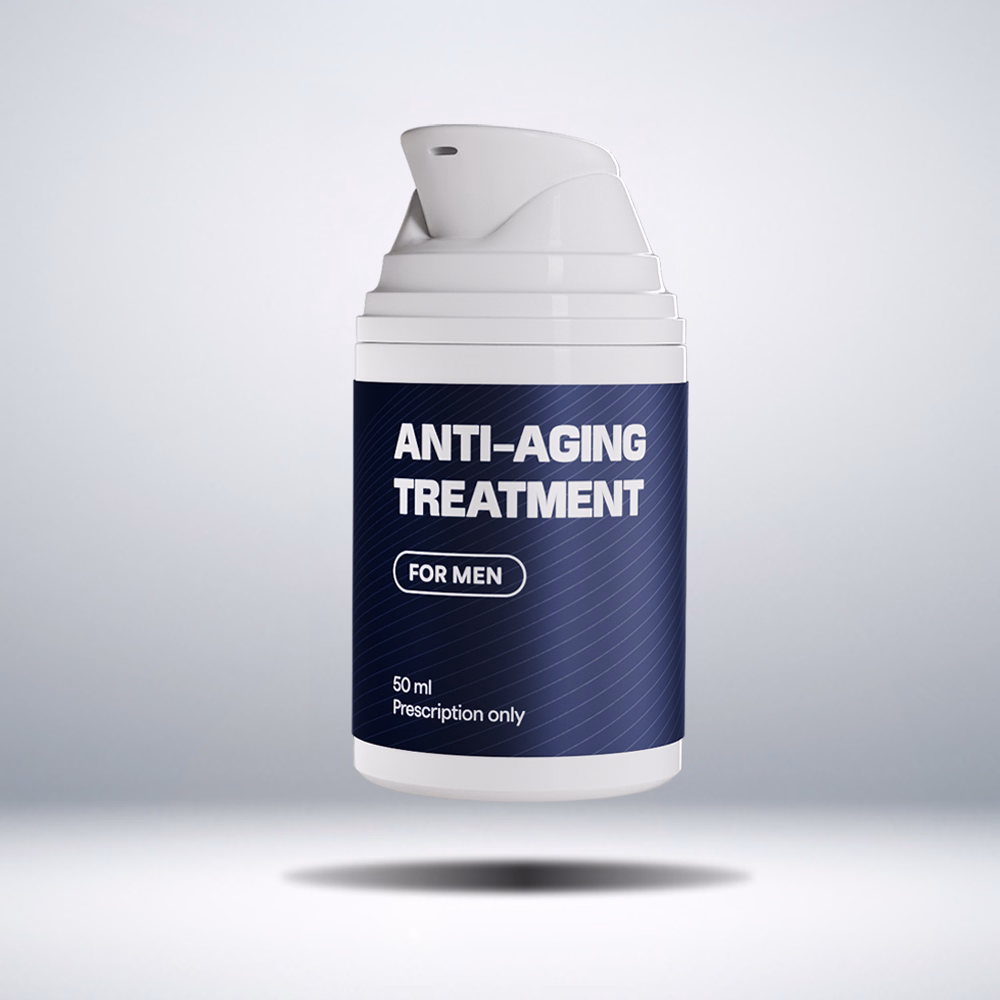 White pump bottle of anti-aging treatment for men with a navy label and prescription only note.