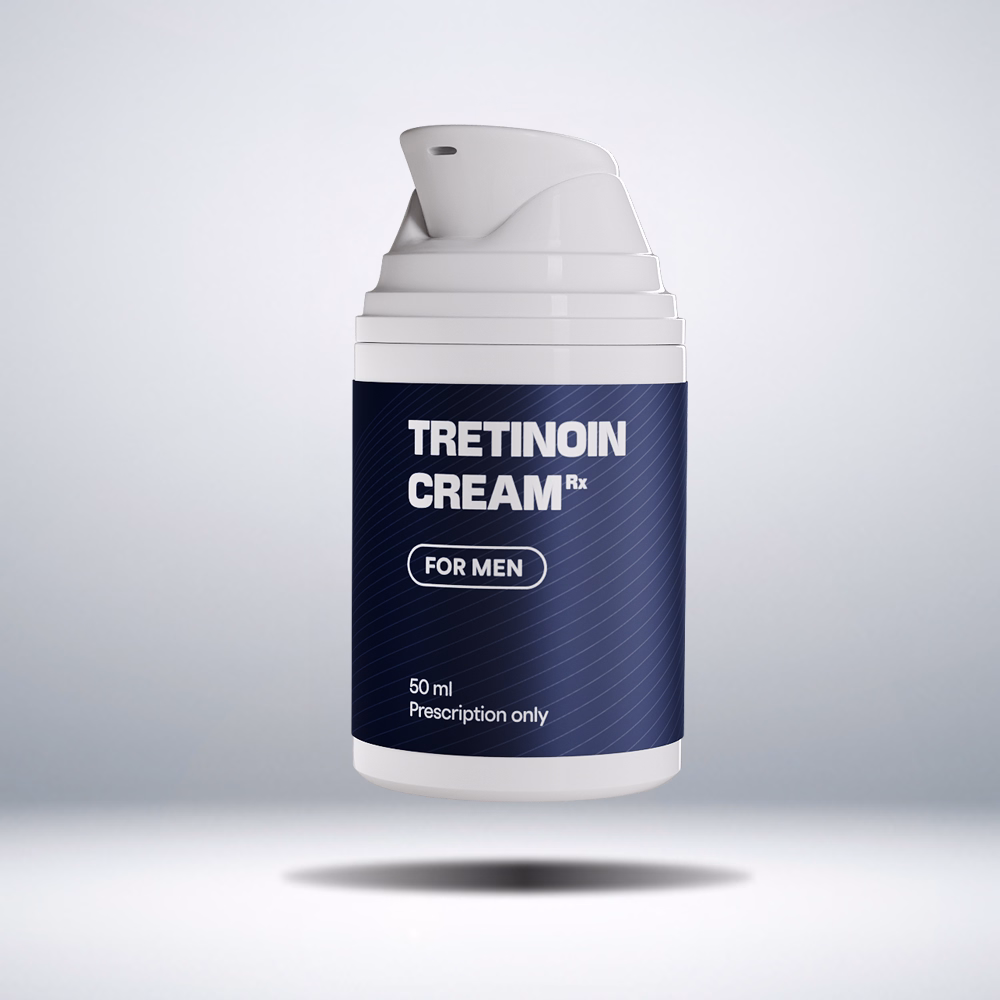 White bottle of tretinoin cream for men with a dark blue label, 50ml, prescription only.