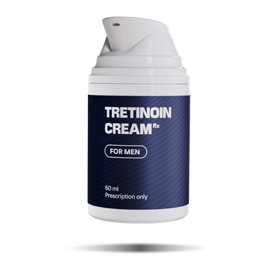 Bottle of tretinoin cream for men, prescription only, 50 ml, with a pump dispenser.