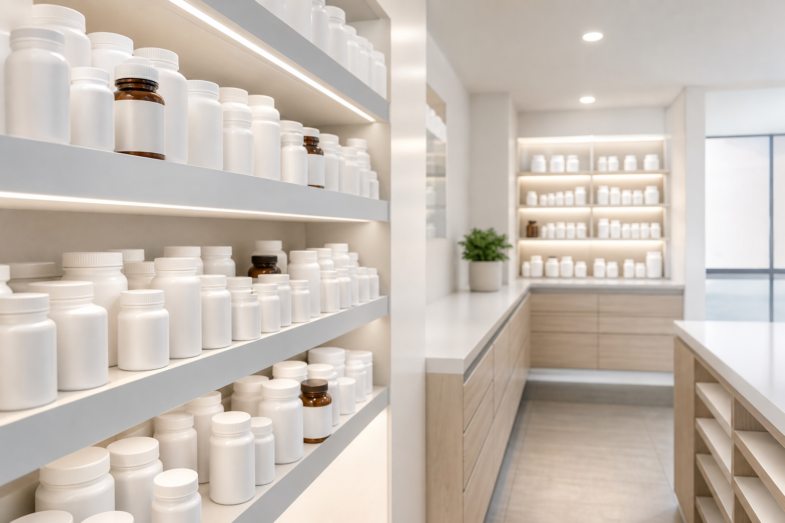 A clean, modern Canadian pharmacy interior with rows of prescription medication bottles on shelves, soft lighting, professional and clinical atmosphere, no people, no signage with words