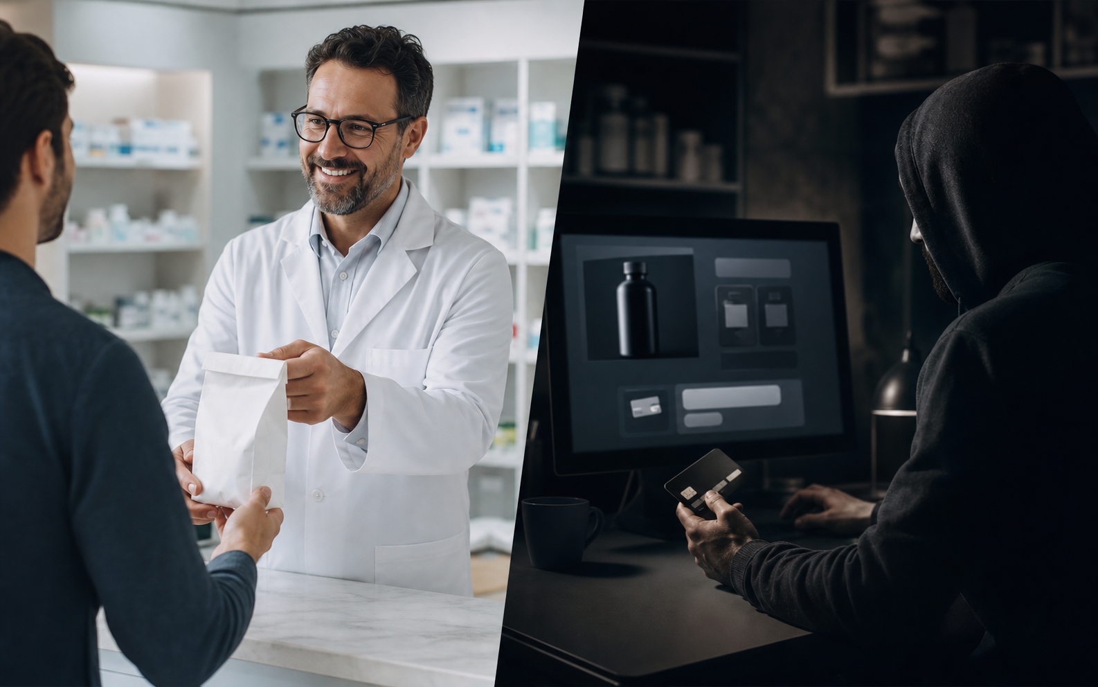 A split-scene illustration showing two contrasting scenarios: on the left, a clean professional Canadian pharmacy counter with a licensed pharmacist in a white coat handing over a sealed prescription bag, bright and trustworthy atmosphere; on the right, a shadowy dimly lit computer screen with an anonymous online checkout, creating a sense of uncertainty and risk — no text, no words, no letters anywhere in the image