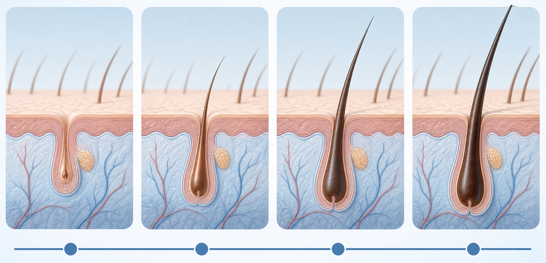 A clean medical timeline illustration showing four stages of hair follicle regrowth over twelve months, with cross-section views of scalp follicles at each stage transitioning from dormant and miniaturized to progressively thicker and healthier strands, soft clinical aesthetic with blue and skin-tone colors, no text or labels, no words