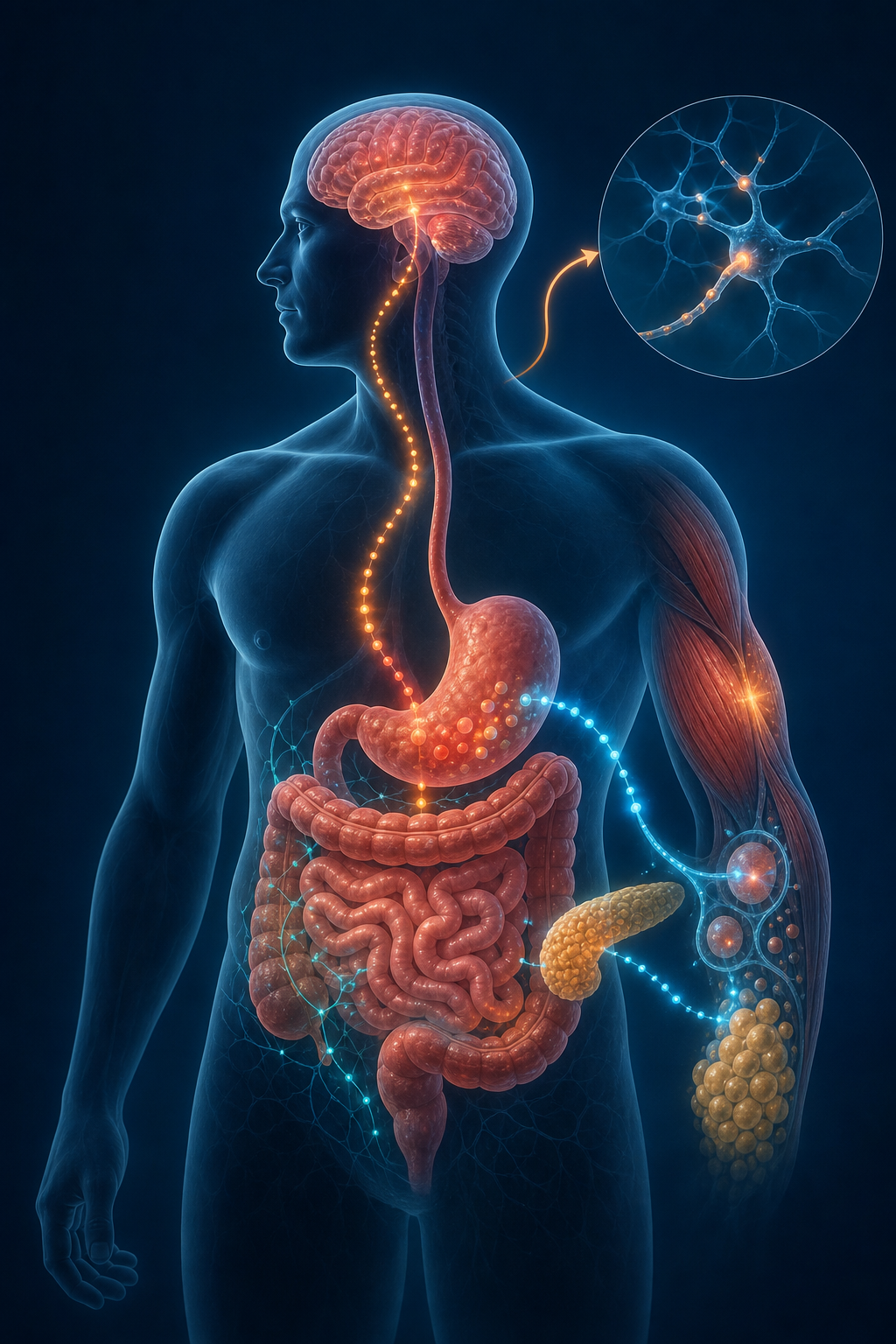 A detailed scientific illustration of the human digestive and metabolic system, showing the stomach, intestines, brain, and pancreas connected by glowing signal pathways. The image highlights appetite regulation signals traveling from the gut to the brain, insulin response in the pancreas, and energy metabolism in muscle and fat tissue. Clean medical illustration style with a dark blue and teal color palette, no text or labels.