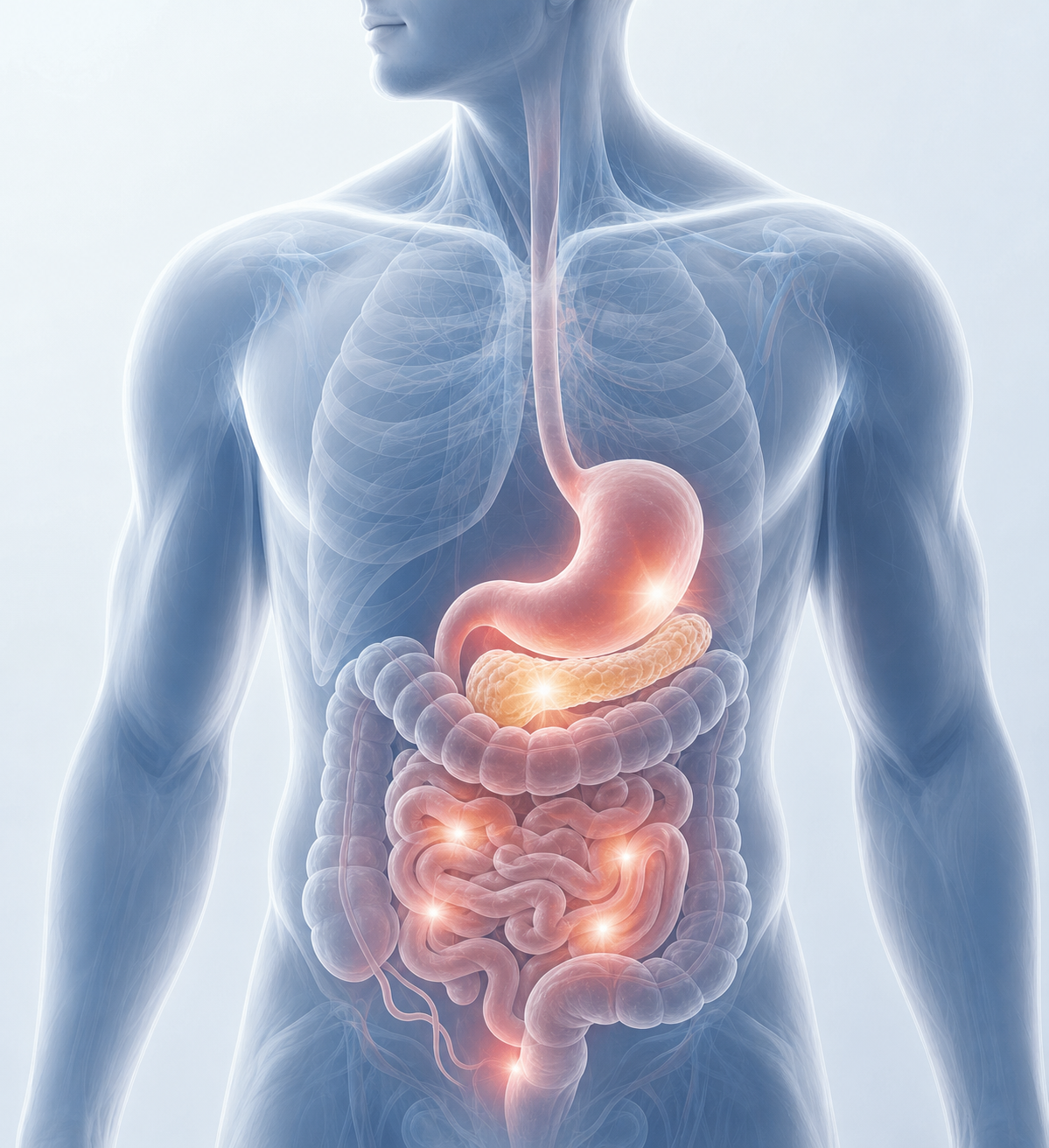 A clean medical illustration of the human torso showing the digestive system — stomach, intestines, and pancreas — with subtle glowing highlights indicating areas of activity or sensitivity. Soft anatomical cross-section style with a muted blue and white color palette, no labels or text, clinical and calm aesthetic.