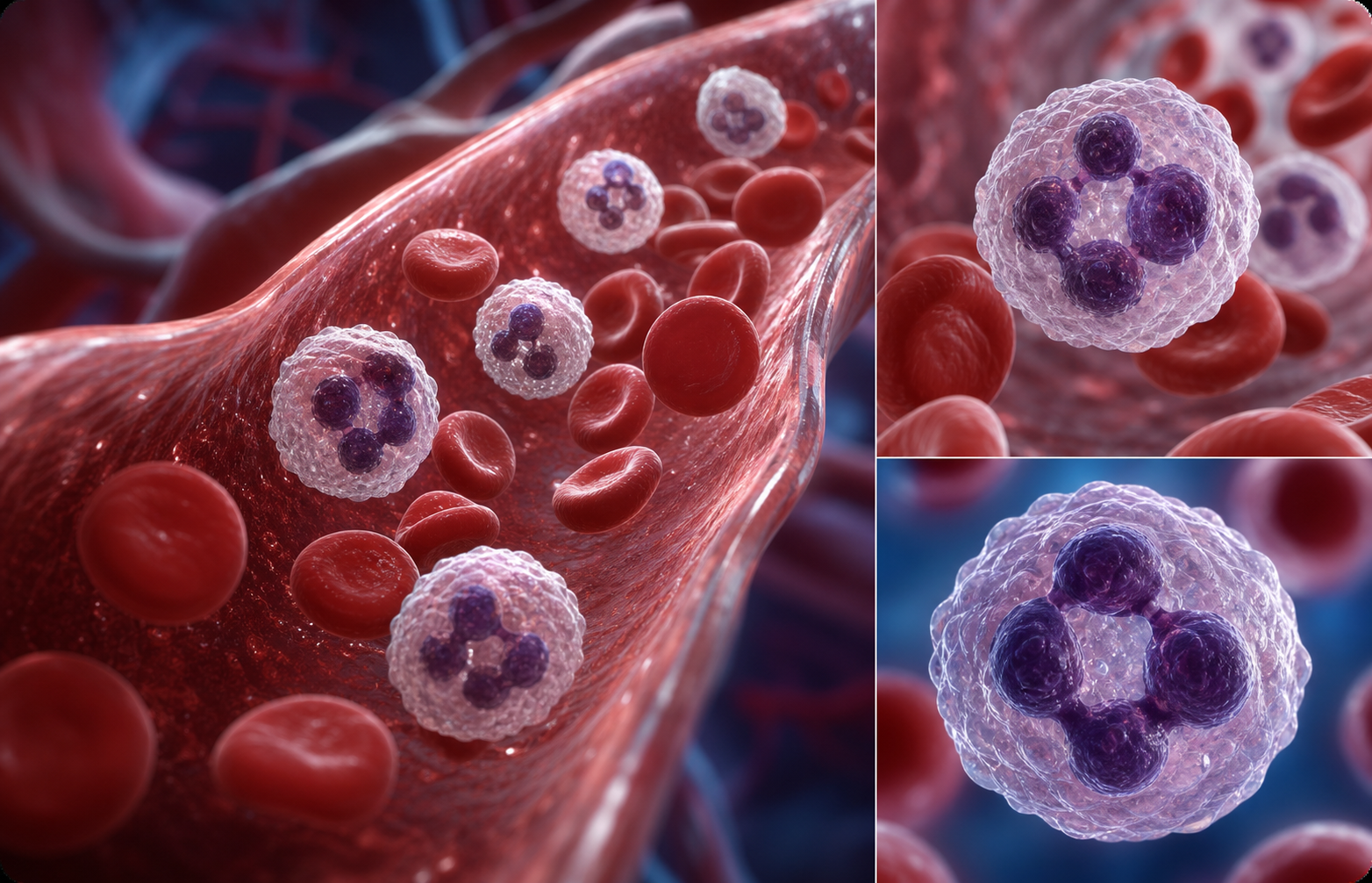 A detailed medical illustration showing white blood cells (neutrophils) circulating in a blood vessel, with close-up views of the round, multi-lobed neutrophil cells highlighted among red blood cells, rendered in a clean clinical style with blues and reds, no text or labels
