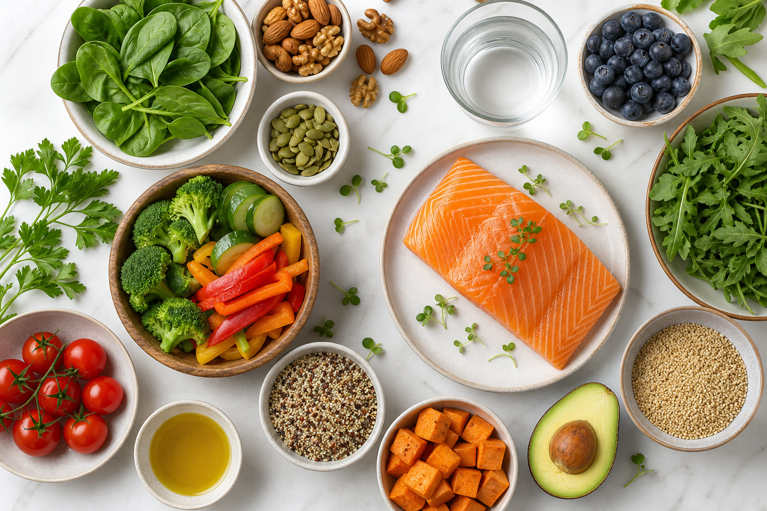 A flat-lay overhead view of an anti-inflammatory diet spread on a clean white surface, featuring colorful vegetables, fresh salmon fillet, whole grains, blueberries, leafy greens, and a glass of water, arranged in an aesthetically pleasing composition with soft natural lighting, no text or labels