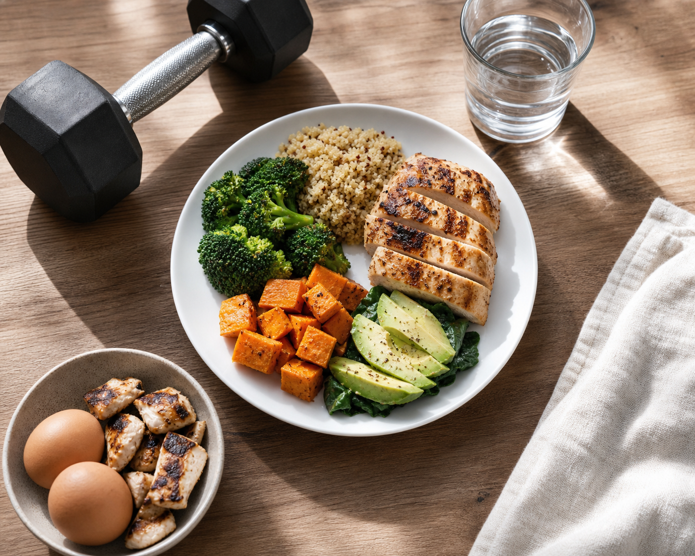 A realistic overhead flat lay of a healthy balanced meal on a white plate beside a dumbbell, a glass of water, and a small bowl of protein-rich foods like eggs and grilled chicken, soft natural light on a clean wooden surface, wellness and fitness lifestyle theme