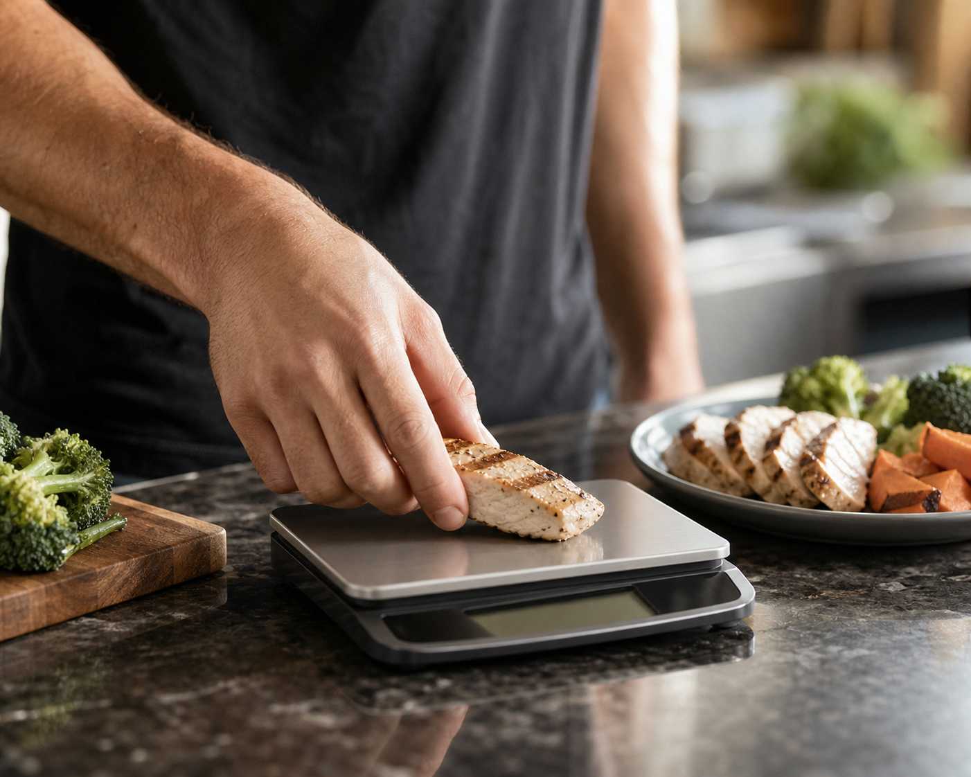 A realistic close-up of a male hand placing a small meal on a kitchen scale beside a plate of grilled chicken and vegetables, soft natural light, clean modern kitchen background, healthy lifestyle theme, no text or labels