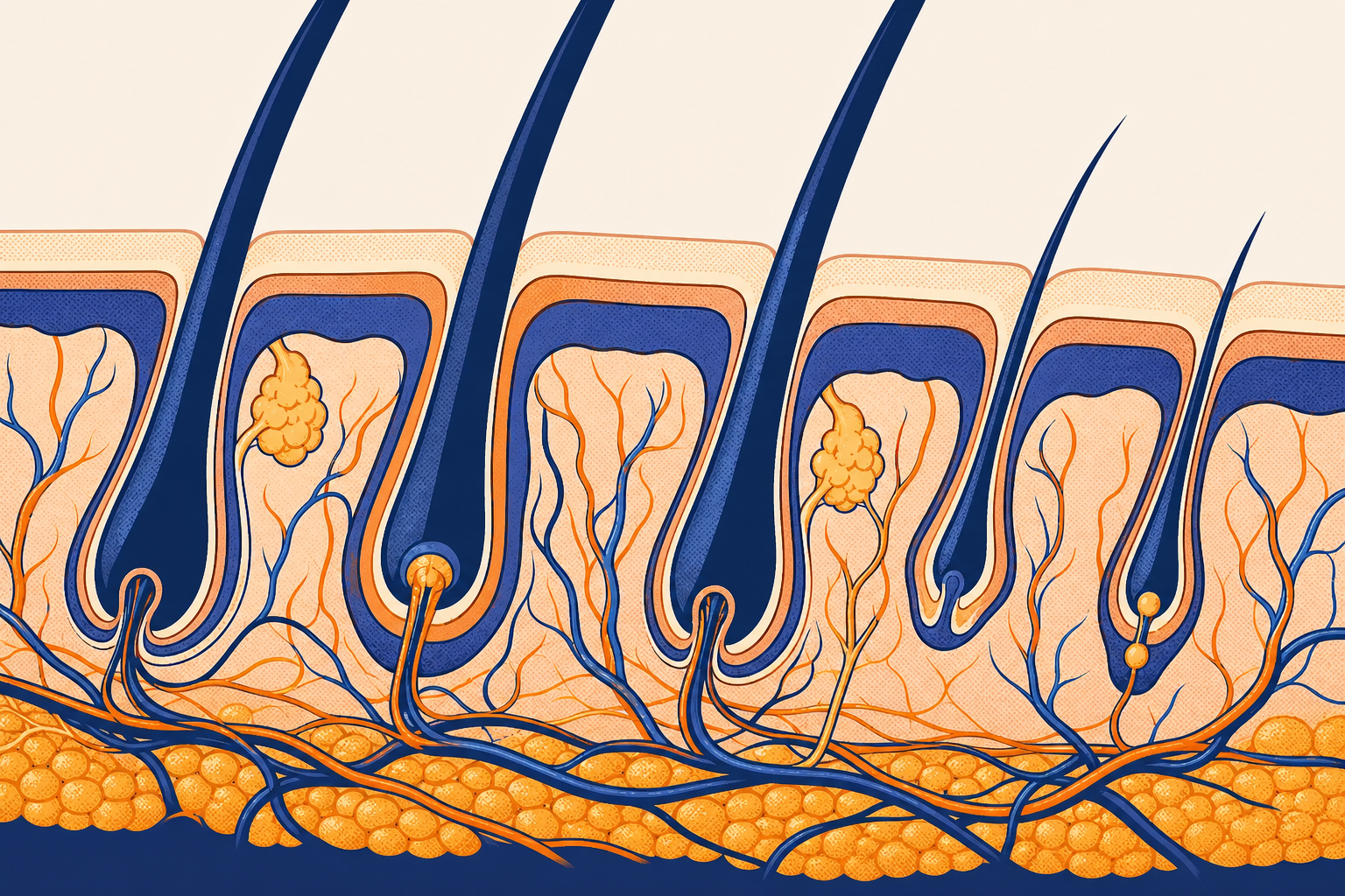 A close-up illustration of a human scalp cross-section showing hair follicles in various states — some healthy and anchored, others inflamed and weakened — with visible redness and irritation around the follicle roots, rendered in a clean medical-style diagram style with warm skin tones and subtle anatomical detail, no text or labels