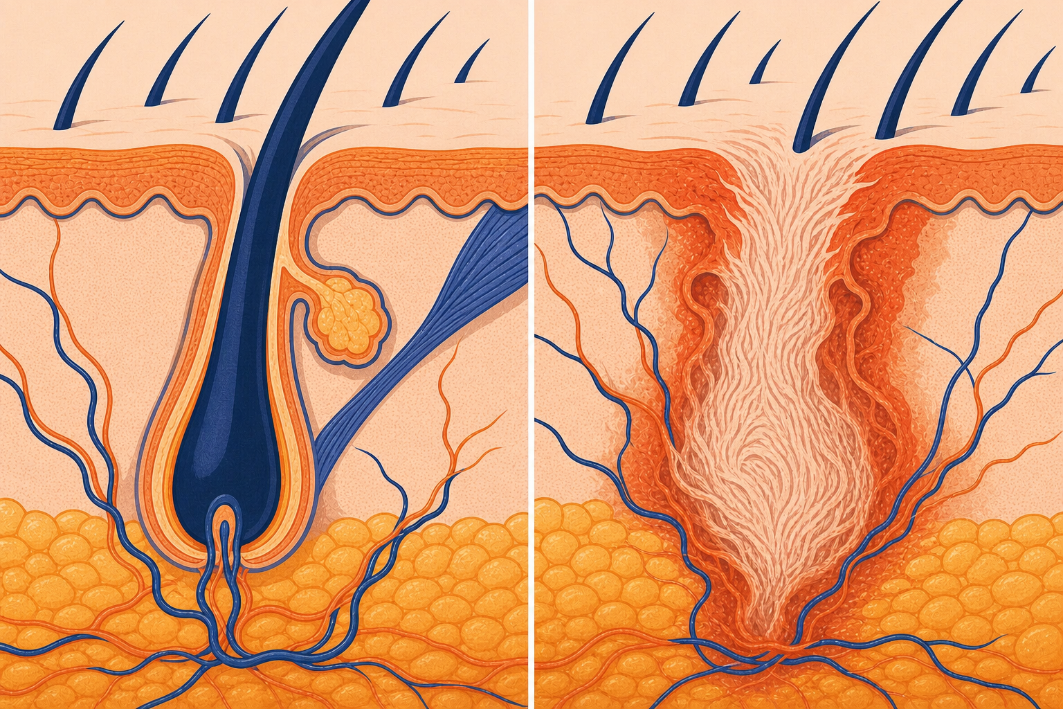 A side-by-side medical illustration showing two cross-sections of scalp skin: on the left, a healthy hair follicle with an intact bulb and smooth surrounding tissue in warm skin tones; on the right, a damaged follicle surrounded by dense fibrous scar tissue replacing the follicle structure, with visible redness and inflammation, rendered in a clean anatomical diagram style with no labels or text
