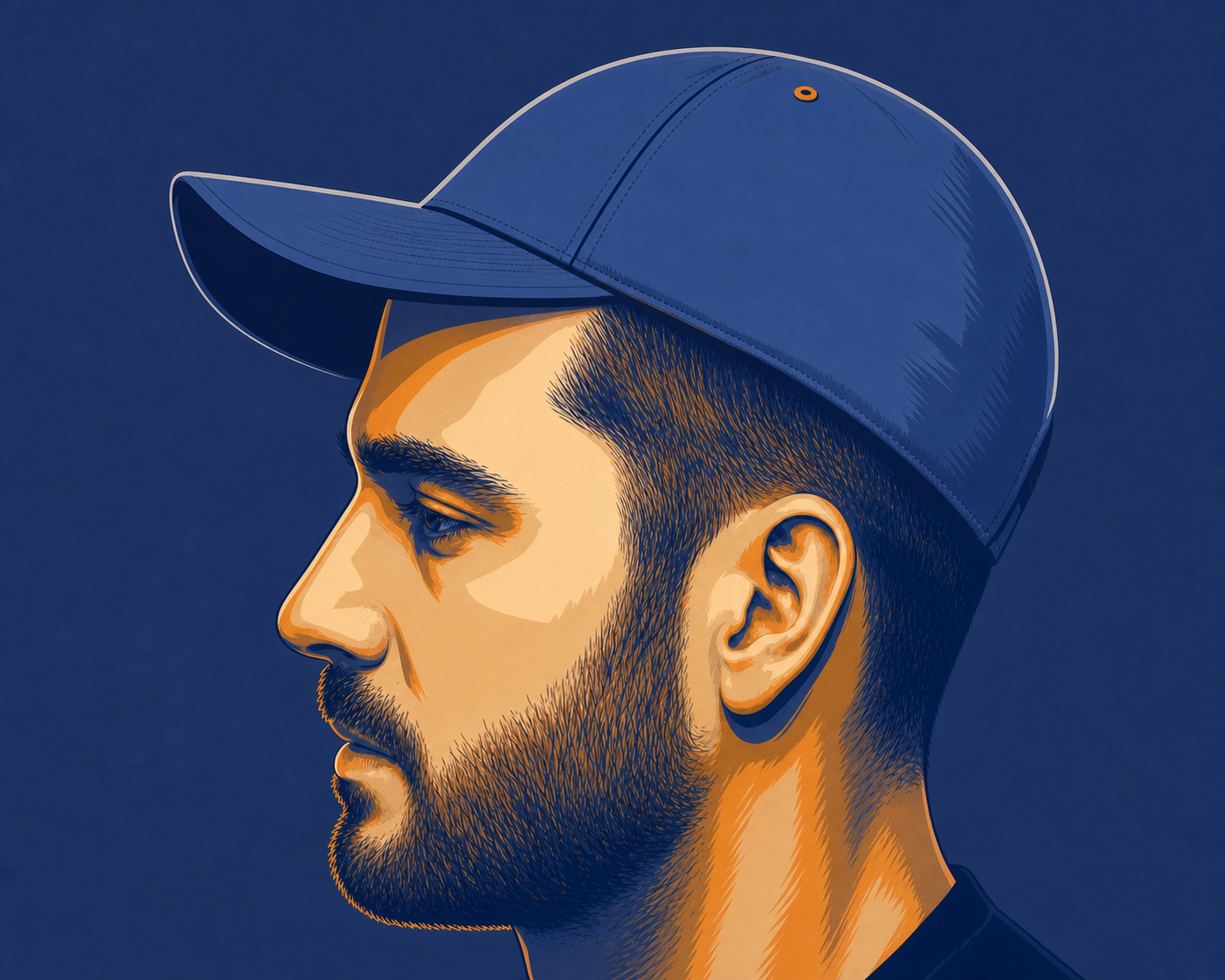 A close-up side profile view of a man wearing a very tight baseball cap, with visible red pressure marks along the hairline at the forehead and temples, showing the snug fit of the hat brim pressing against the scalp, rendered in a clean, realistic medical illustration style with soft natural lighting and muted tones