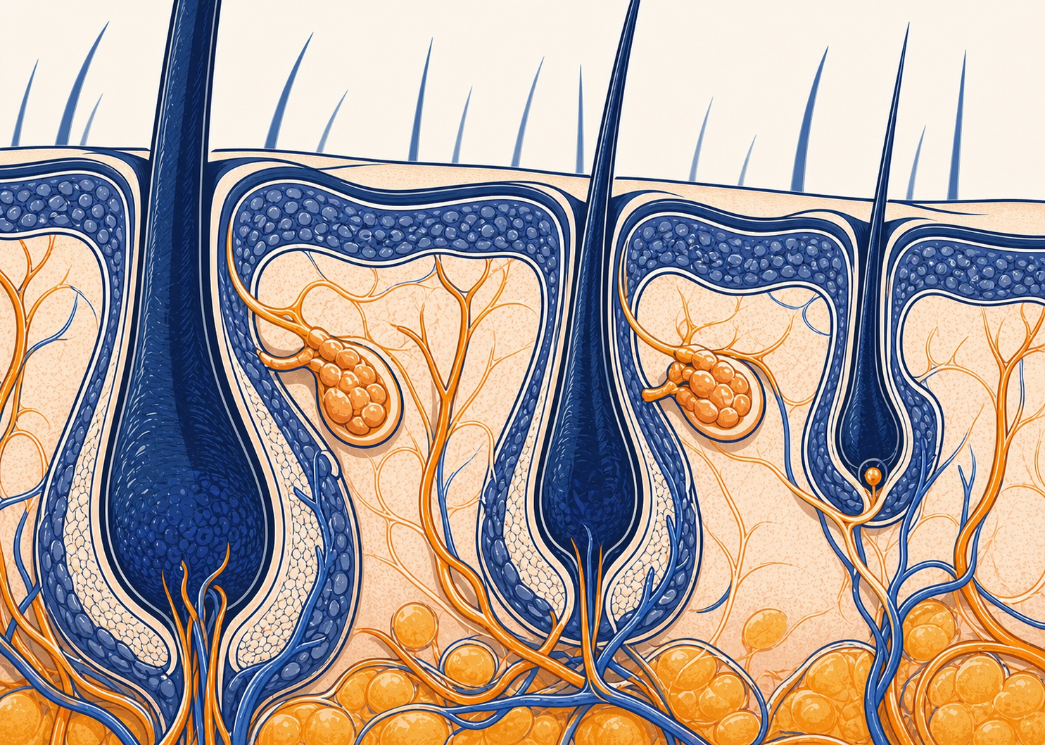 A close-up scientific illustration of a cross-section of human scalp skin showing hair follicles at different stages — one healthy and full, one miniaturized and shrinking — with surrounding dermal tissue, blood vessels, and cellular detail visible, rendered in a clean medical illustration style with soft natural tones