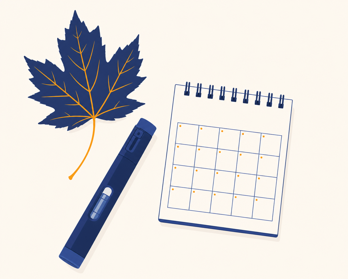 A clean flat-lay arrangement of a weekly injection pen alongside a Canadian maple leaf and a small calendar on a neutral light background, representing a monthly prescription medication routine in Canada, soft natural lighting, no text or labels