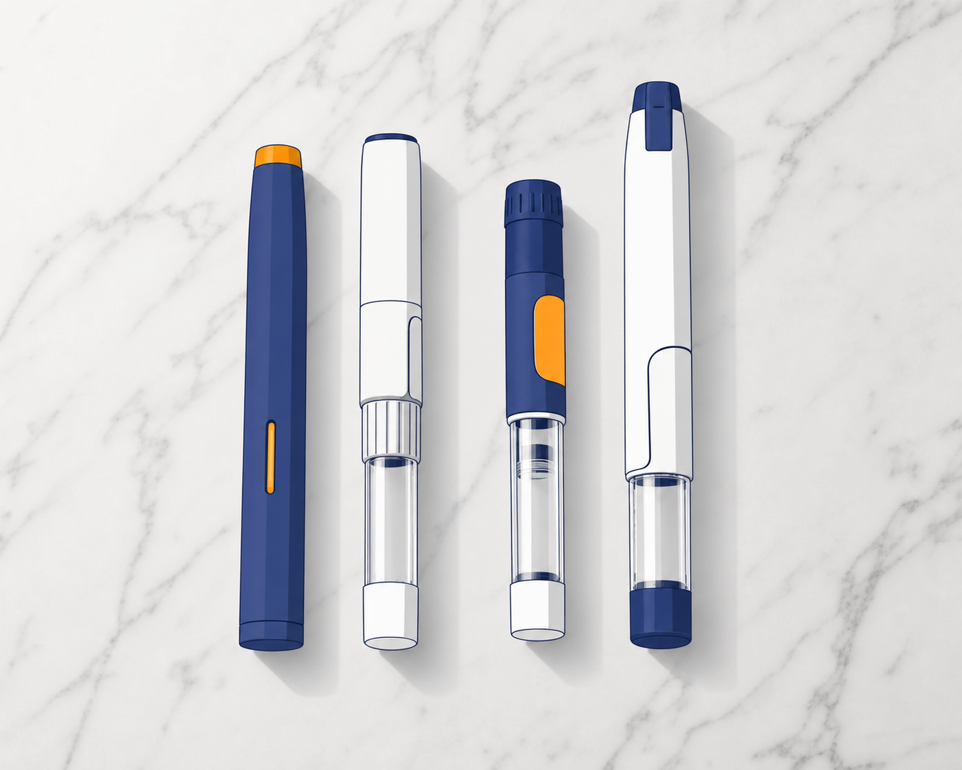 A clean flat-lay arrangement of four different injectable medication pens in varying sizes lined up side by side on a neutral white marble surface, soft natural overhead lighting, no labels, no text, no writing, minimalist medical aesthetic, subtle shadows, Canadian pharmacy context